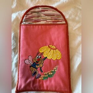 Vintage Pink Embroidered Pouch with Cartoon Design